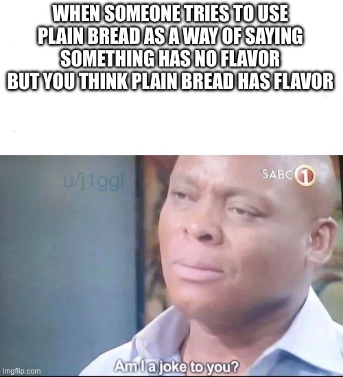 Everything has flavor to me | WHEN SOMEONE TRIES TO USE PLAIN BREAD AS A WAY OF SAYING SOMETHING HAS NO FLAVOR BUT YOU THINK PLAIN BREAD HAS FLAVOR | image tagged in am i a joke to you,food,memes,taste,funny | made w/ Imgflip meme maker