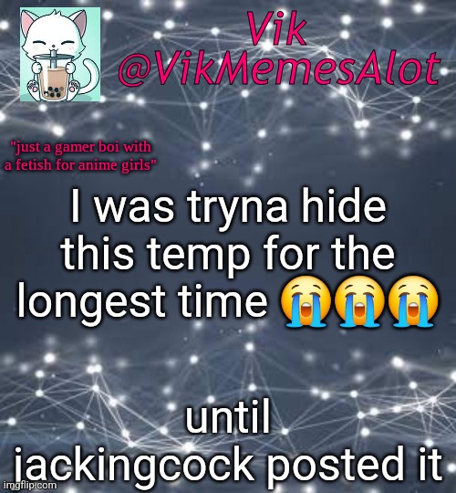 Vik anouncey thing | I was tryna hide this temp for the longest time 😭😭😭; until jackingcock posted it | image tagged in vik anouncey thing | made w/ Imgflip meme maker