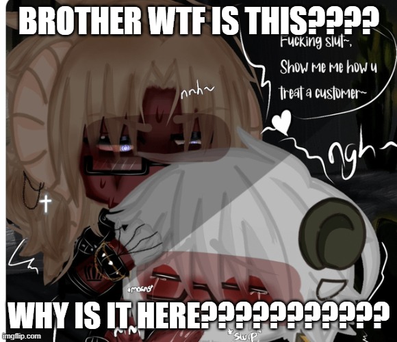 help- what is this- | BROTHER WTF IS THIS???? WHY IS IT HERE??????????? | image tagged in gacha heat moans | made w/ Imgflip meme maker