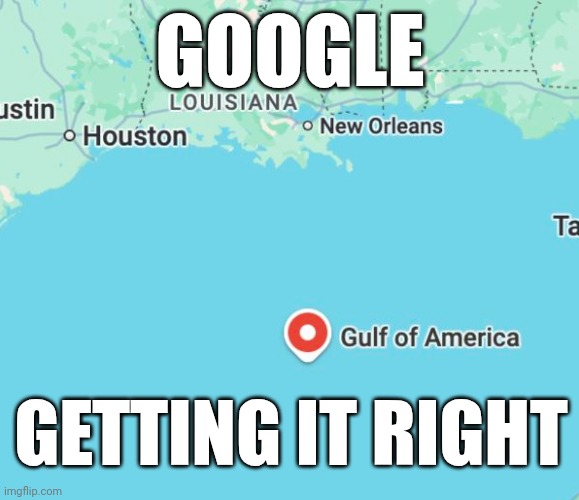 Apple changes Gulf of Mexico to Gulf of America on maps, following Google's lead | GOOGLE; GETTING IT RIGHT | image tagged in america,google,lols,maga,news | made w/ Imgflip meme maker