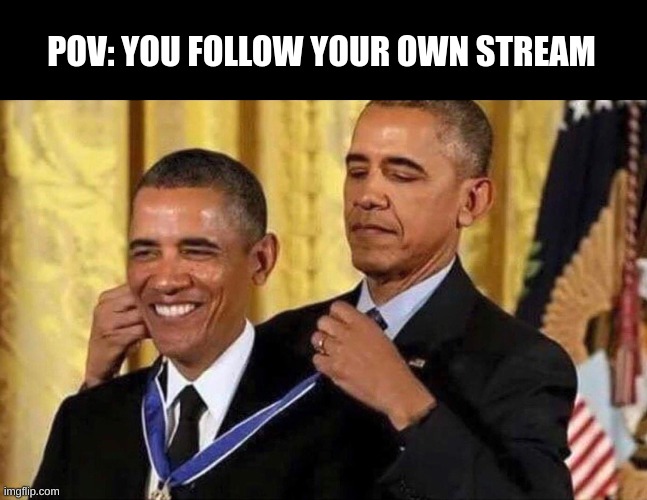 the title of this image | POV: YOU FOLLOW YOUR OWN STREAM | image tagged in obama medal,obama,medal,streams,imgflip,meme | made w/ Imgflip meme maker