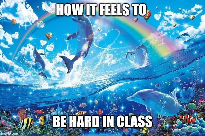 Fr | HOW IT FEELS TO; BE HARD IN CLASS | image tagged in happy dolphin rainbow | made w/ Imgflip meme maker