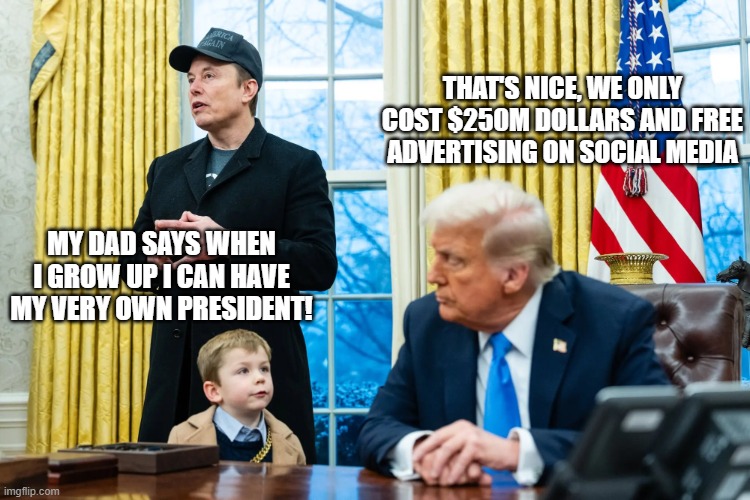 musks and their president | THAT'S NICE, WE ONLY COST $250M DOLLARS AND FREE ADVERTISING ON SOCIAL MEDIA; MY DAD SAYS WHEN I GROW UP I CAN HAVE MY VERY OWN PRESIDENT! | image tagged in elon musk,donald trump | made w/ Imgflip meme maker