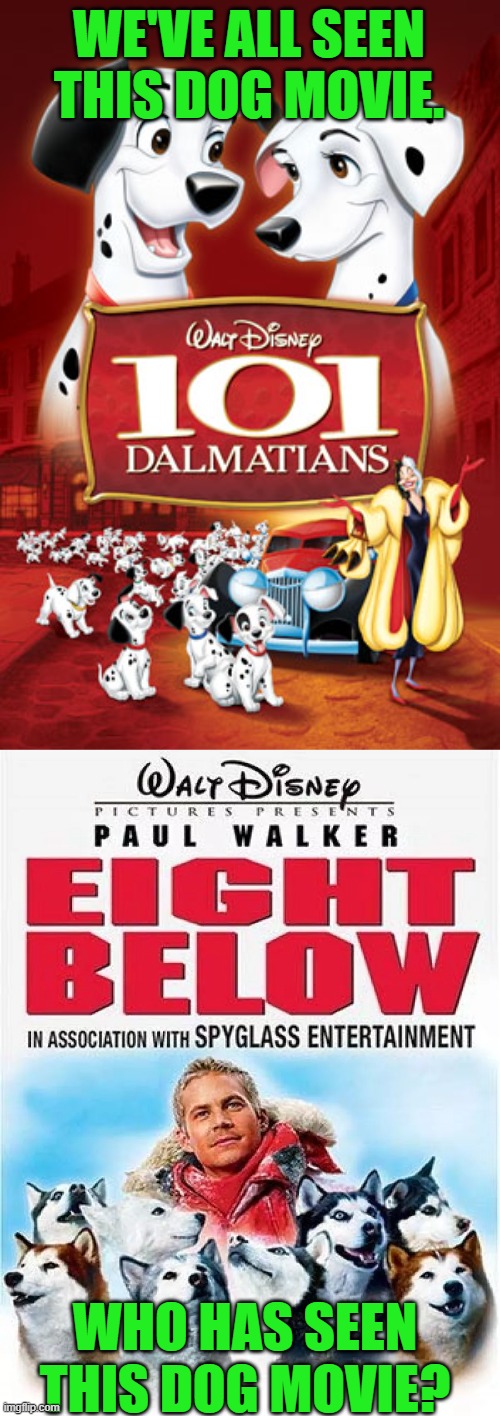 Two Disney Dog Movies | WE'VE ALL SEEN
THIS DOG MOVIE. WHO HAS SEEN
THIS DOG MOVIE? | image tagged in dogs,disney,101 dalmatians,eight below,paul walker | made w/ Imgflip meme maker