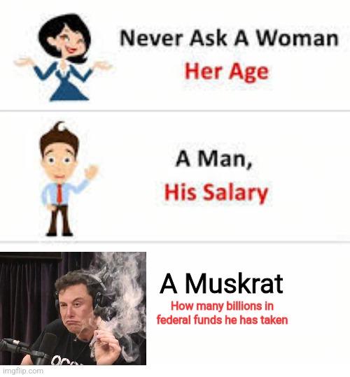 Find all the corruption, I dare you! | A Muskrat; How many billions in federal funds he has taken | image tagged in never ask a woman her age | made w/ Imgflip meme maker