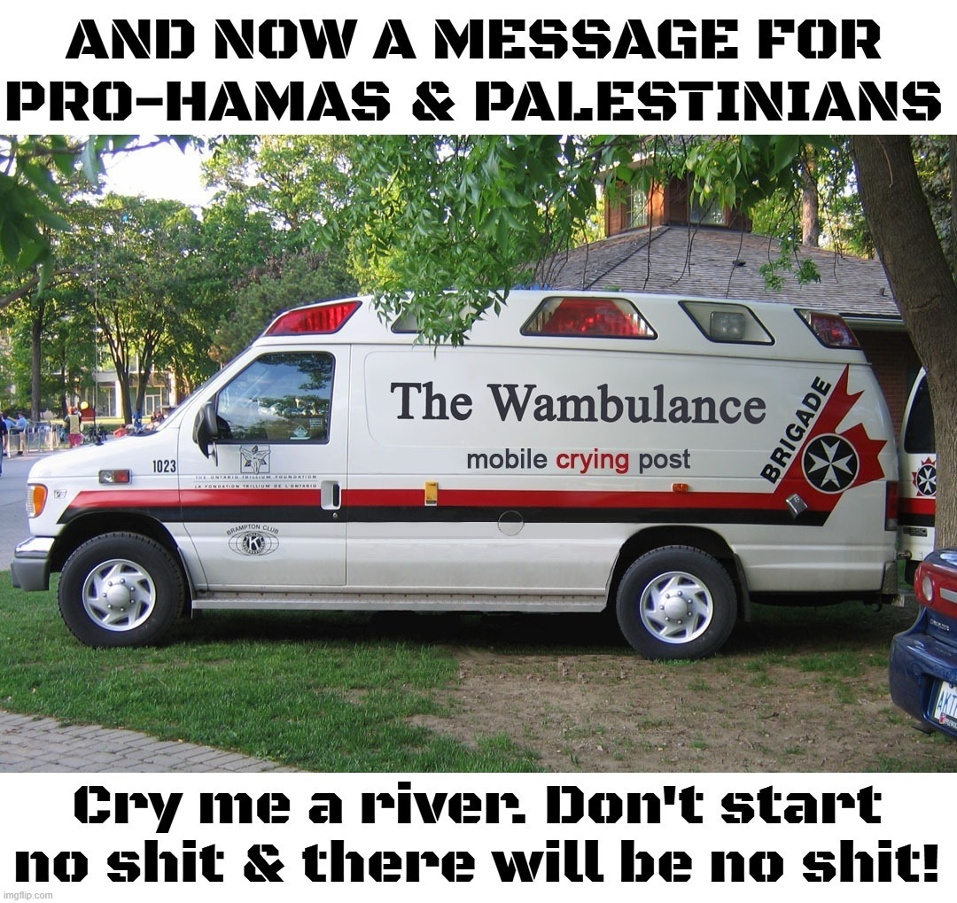 Cry me a river. Don't start no shit & there will be no shit! | image tagged in wambulance,bleeding hearts,hamas,palestine,cry me a river,sjw triggered | made w/ Imgflip meme maker