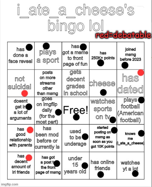 my bingo, I'll make another tomorrow | red=debatable | made w/ Imgflip meme maker