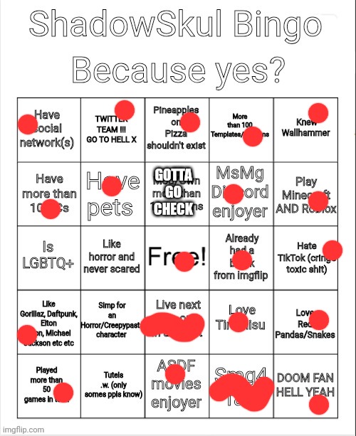 Shadow bingo | GOTTA GO CHECK | image tagged in shadow bingo | made w/ Imgflip meme maker