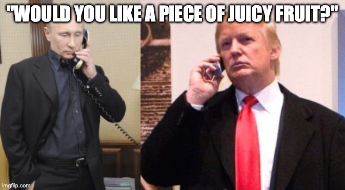 Trump Putin phone call | "WOULD YOU LIKE A PIECE OF JUICY FRUIT?" | image tagged in trump putin phone call | made w/ Imgflip meme maker