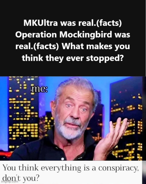 Everything is a conspiracy | image tagged in mel gibson,conspiracy theory | made w/ Imgflip meme maker