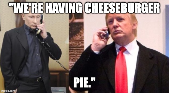 Trump Putin phone call | "WE'RE HAVING CHEESEBURGER; PIE." | image tagged in trump putin phone call | made w/ Imgflip meme maker