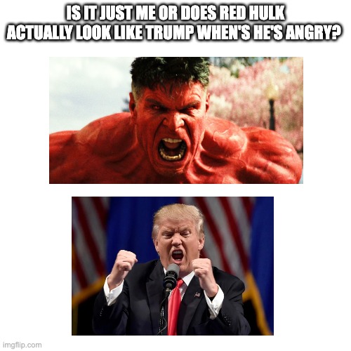 red hulk = trump...? | IS IT JUST ME OR DOES RED HULK ACTUALLY LOOK LIKE TRUMP WHEN'S HE'S ANGRY? | image tagged in memes,blank transparent square,red hulk,donald trump | made w/ Imgflip meme maker