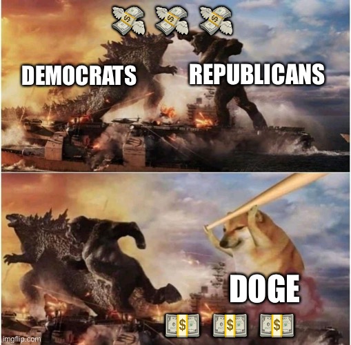 Big Balls for the win | 💸  💸  💸; REPUBLICANS; DEMOCRATS; DOGE; 💵  💵  💵 | image tagged in kong godzilla doge | made w/ Imgflip meme maker