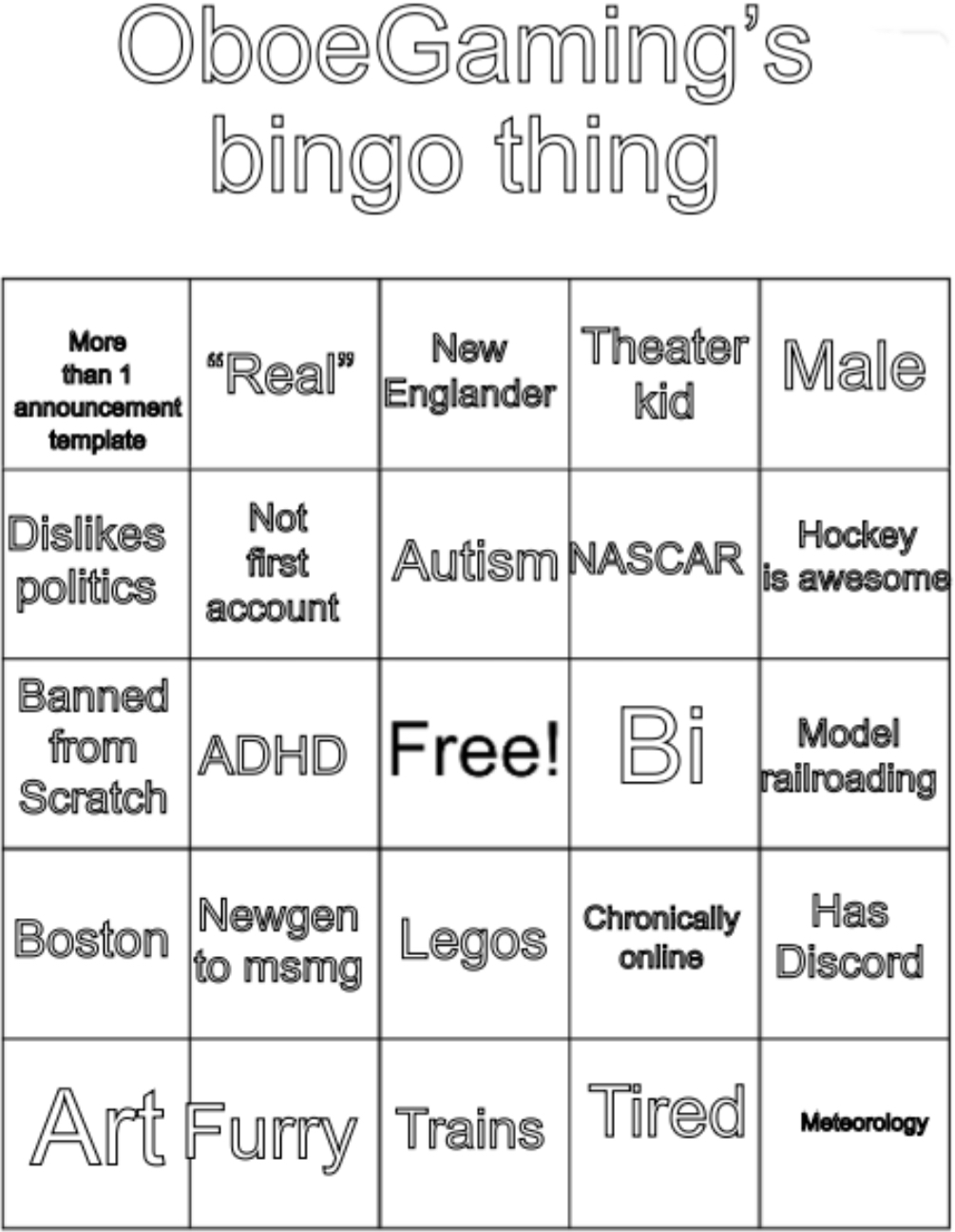 OboeGaming bingo thing V1 Blank Meme Template