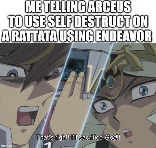 I would have posted on pokemon but I don't have 10000 points | ME TELLING ARCEUS TO USE SELF DESTRUCT ON A RATTATA USING ENDEAVOR | image tagged in that's right i'll sacrifice god,pokemon | made w/ Imgflip meme maker