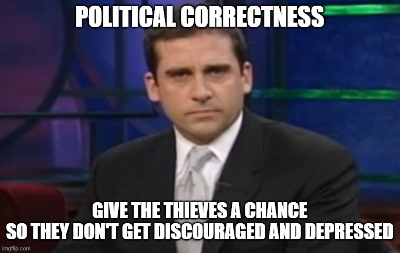 Politically Correct Carell | POLITICAL CORRECTNESS GIVE THE THIEVES A CHANCE

SO THEY DON'T GET DISCOURAGED AND DEPRESSED | image tagged in politically correct carell | made w/ Imgflip meme maker