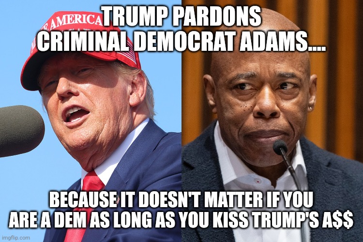 Pardoning criminals | TRUMP PARDONS CRIMINAL DEMOCRAT ADAMS.... BECAUSE IT DOESN'T MATTER IF YOU ARE A DEM AS LONG AS YOU KISS TRUMP'S A$$ | image tagged in donald trump,trump,maga,nevertrump,nevertrump meme,trump supporter | made w/ Imgflip meme maker