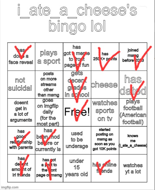 i_ate_a_cheese's msmg bingo | image tagged in i_ate_a_cheese's msmg bingo | made w/ Imgflip meme maker