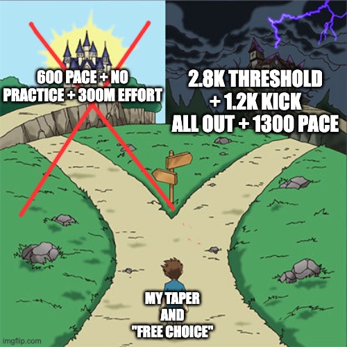 Taper... | 2.8K THRESHOLD + 1.2K KICK ALL OUT + 1300 PACE; 600 PACE + NO PRACTICE + 300M EFFORT; MY TAPER AND "FREE CHOICE" | image tagged in two paths | made w/ Imgflip meme maker