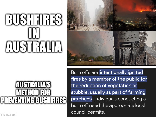 Burn offs are just fighting fire with fire. As an Australian, I can confirm it does actually work though | BUSHFIRES IN AUSTRALIA; AUSTRALIA'S METHOD FOR PREVENTING BUSHFIRES | image tagged in memes,australia,bushfires,wildfires | made w/ Imgflip meme maker