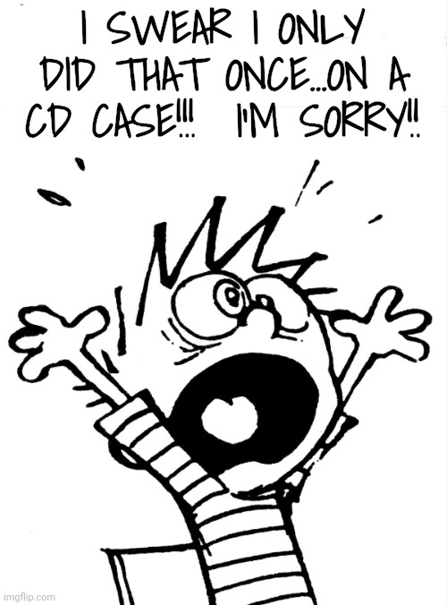 Calvin yelling | I SWEAR I ONLY DID THAT ONCE...ON A CD CASE!!!  I'M SORRY!! | image tagged in calvin yelling | made w/ Imgflip meme maker