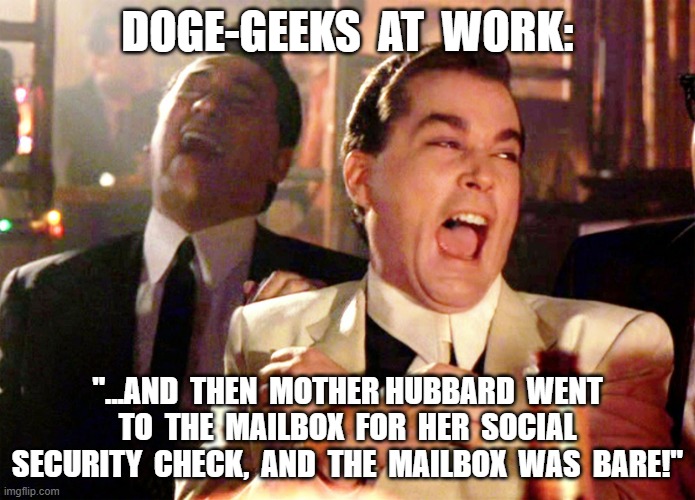 What They Think of Your Mother | DOGE-GEEKS  AT  WORK:; "...AND  THEN  MOTHER HUBBARD  WENT  TO  THE  MAILBOX  FOR  HER  SOCIAL  SECURITY  CHECK,  AND  THE  MAILBOX  WAS  BARE!" | image tagged in memes,good fellas hilarious | made w/ Imgflip meme maker
