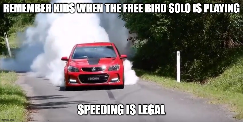 freebird meme | REMEMBER KIDS WHEN THE FREE BIRD SOLO IS PLAYING; SPEEDING IS LEGAL | image tagged in humor,muscle car,australia | made w/ Imgflip meme maker