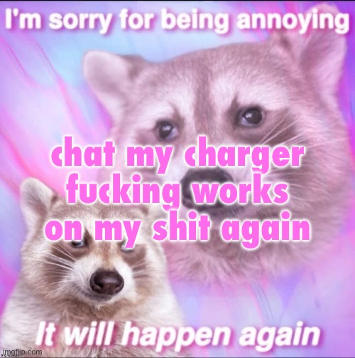 sorry for being annoying | chat my charger fucking works on my shit again | image tagged in sorry for being annoying | made w/ Imgflip meme maker