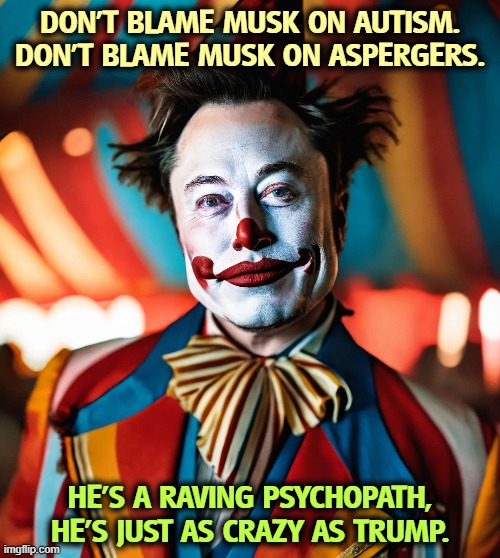 DON'T BLAME MUSK ON AUTISM.
DON'T BLAME MUSK ON ASPERGERS. HE'S A RAVING PSYCHOPATH,
HE'S JUST AS CRAZY AS TRUMP. | image tagged in elon musk,autism,aspergers,psychopath,sociopath,trump | made w/ Imgflip meme maker