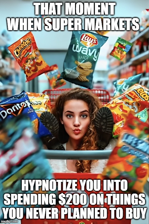 super markets | THAT MOMENT WHEN SUPER MARKETS; HYPNOTIZE YOU INTO SPENDING $200 ON THINGS YOU NEVER PLANNED TO BUY | image tagged in memes | made w/ Imgflip meme maker