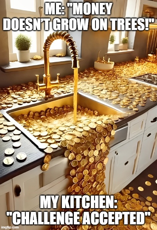 Money | ME: "MONEY DOESN’T GROW ON TREES!"; MY KITCHEN: "CHALLENGE ACCEPTED" | image tagged in memes | made w/ Imgflip meme maker