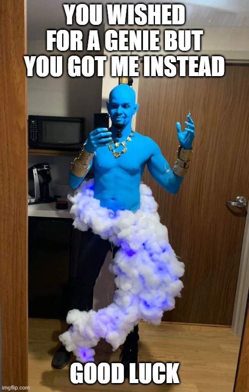 genie | YOU WISHED FOR A GENIE BUT YOU GOT ME INSTEAD; GOOD LUCK | image tagged in memes | made w/ Imgflip meme maker