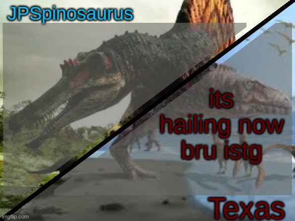 JPSpinosaurus x Texas shared template | its hailing now bru istg😭 | image tagged in jpspinosaurus x texas shared template | made w/ Imgflip meme maker