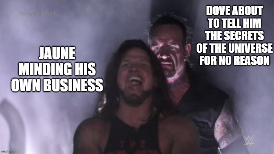 AJ Styles & Undertaker | DOVE ABOUT TO TELL HIM THE SECRETS OF THE UNIVERSE FOR NO REASON; JAUNE MINDING HIS OWN BUSINESS | image tagged in aj styles undertaker | made w/ Imgflip meme maker