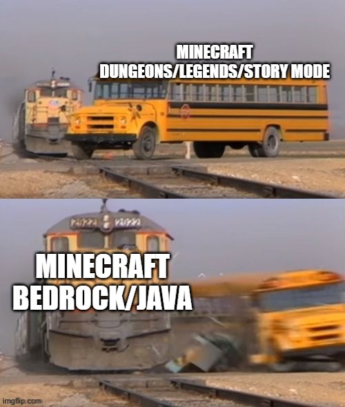 Respect the Minecraft Games | MINECRAFT DUNGEONS/LEGENDS/STORY MODE; MINECRAFT BEDROCK/JAVA | image tagged in schoolbus hit by train | made w/ Imgflip meme maker