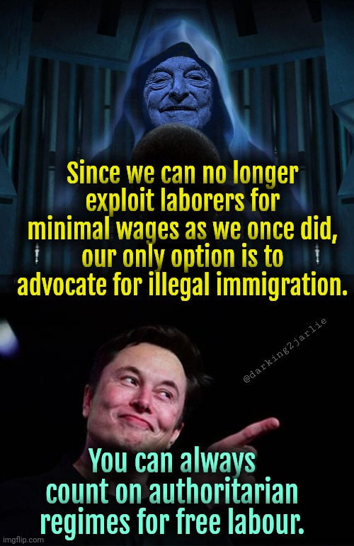 Capitalists... Socialists.. they're all same | Since we can no longer exploit laborers for minimal wages as we once did, our only option is to advocate for illegal immigration. @darking2jarlie; You can always count on authoritarian regimes for free labour. | image tagged in elon musk,george soros,capitalism,socialism | made w/ Imgflip meme maker