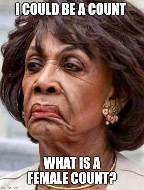 Maxine Waters | I COULD BE A COUNT WHAT IS A FEMALE COUNT? | image tagged in maxine waters | made w/ Imgflip meme maker