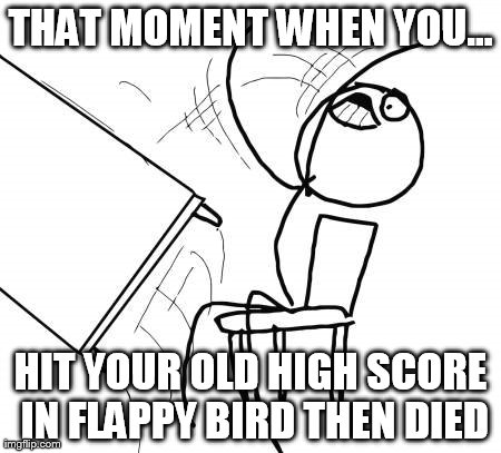 Table Flip Guy Meme | THAT MOMENT WHEN YOU... HIT YOUR OLD HIGH SCORE IN FLAPPY BIRD THEN DIED | image tagged in memes,table flip guy | made w/ Imgflip meme maker