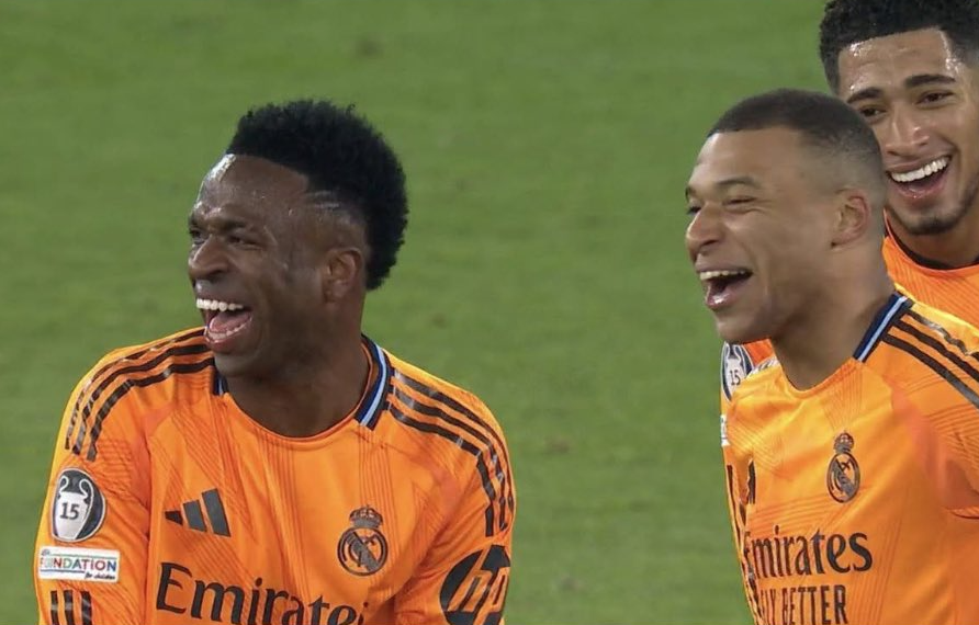 Bellingham, Mbappe, Vinicius Laughing at Man City-Madrid 2:3 Blank Meme Template