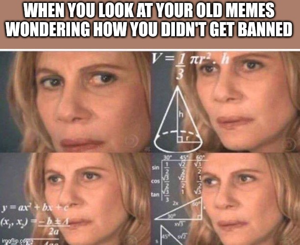 Math lady/Confused lady | WHEN YOU LOOK AT YOUR OLD MEMES WONDERING HOW YOU DIDN'T GET BANNED | image tagged in math lady/confused lady,memes,funny | made w/ Imgflip meme maker