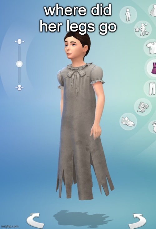 how'd my sim get this thing and why is it not showing up in any category | where did her legs go | image tagged in sims 4,the sims 4 | made w/ Imgflip meme maker