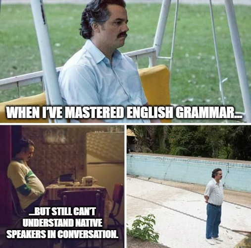 Sad Pablo Escobar Meme | WHEN I’VE MASTERED ENGLISH GRAMMAR…; …BUT STILL CAN’T UNDERSTAND NATIVE SPEAKERS IN CONVERSATION. | image tagged in memes,sad pablo escobar | made w/ Imgflip meme maker