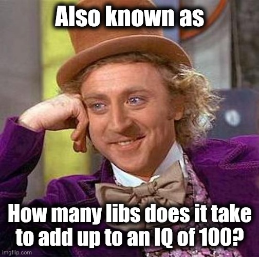 Creepy Condescending Wonka Meme | Also known as How many libs does it take
to add up to an IQ of 100? | image tagged in memes,creepy condescending wonka | made w/ Imgflip meme maker