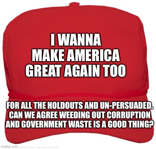 IWMAGAT | I WANNA MAKE AMERICA GREAT AGAIN TOO; FOR ALL THE HOLDOUTS AND UN-PERSUADED. CAN WE AGREE WEEDING OUT CORRUPTION AND GOVERNMENT WASTE IS A GOOD THING? | image tagged in blank red maga hat | made w/ Imgflip meme maker