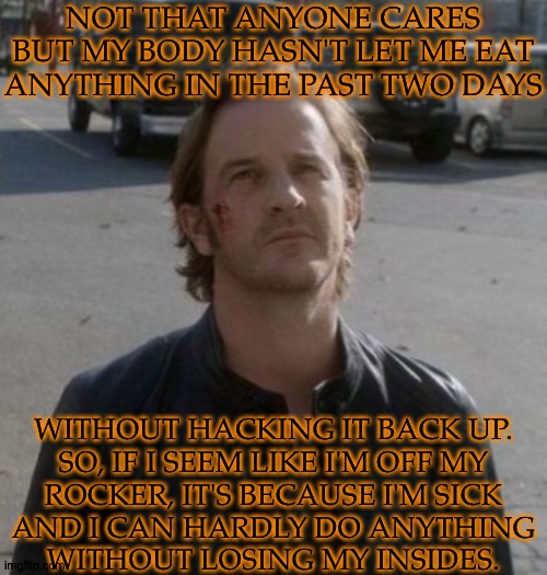 Update That No One Cares About | NOT THAT ANYONE CARES BUT MY BODY HASN'T LET ME EAT ANYTHING IN THE PAST TWO DAYS; WITHOUT HACKING IT BACK UP.
SO, IF I SEEM LIKE I'M OFF MY
ROCKER, IT'S BECAUSE I'M SICK
AND I CAN HARDLY DO ANYTHING
WITHOUT LOSING MY INSIDES. | image tagged in gabriel unfinished business,let a woman puke in peace,i fucking hate my body,is suicide an option,just kidding,maybe | made w/ Imgflip meme maker