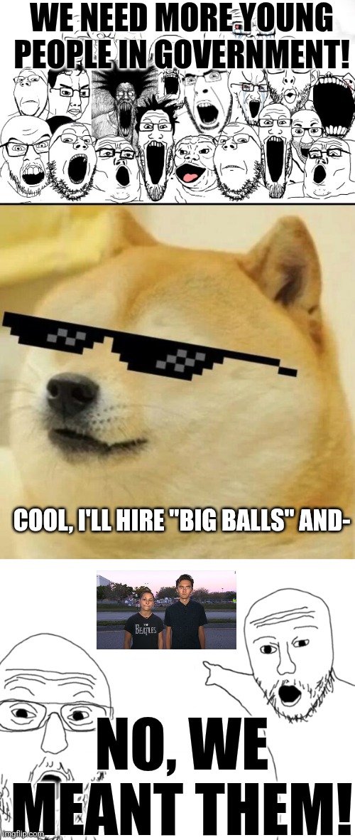 WE NEED MORE YOUNG PEOPLE IN GOVERNMENT! COOL, I'LL HIRE "BIG BALLS" AND- NO, WE MEANT THEM! | image tagged in all the soyjaks,sunglass doge,soyjak pointing | made w/ Imgflip meme maker