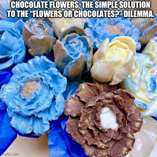 CHOCOLATE FLOWERS, THE SIMPLE SOLUTION TO THE “FLOWERS OR CHOCOLATES?” DILEMMA. | image tagged in chocolate flowers | made w/ Imgflip meme maker