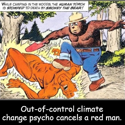 Another DEI hire's miscalculation or hate crime? | Out-of-control climate change psycho cancels a red man. | image tagged in memes,politics | made w/ Imgflip meme maker