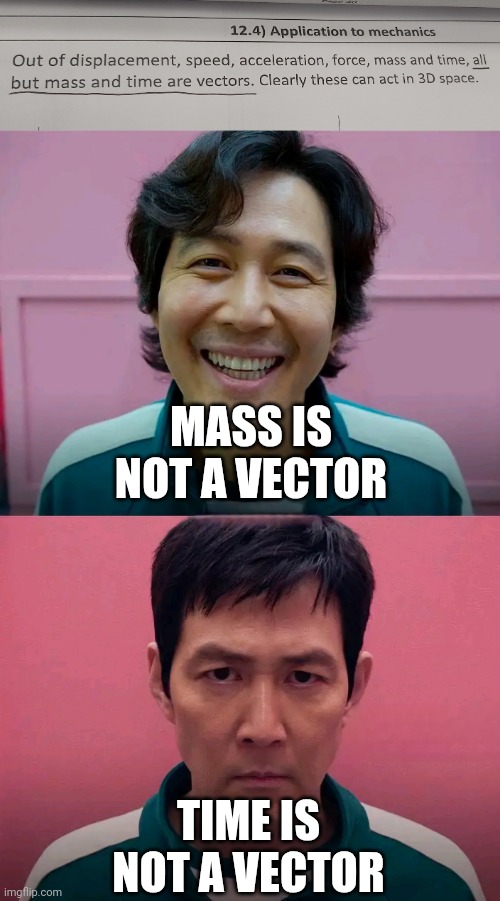 . | MASS IS NOT A VECTOR; TIME IS NOT A VECTOR | image tagged in squid game | made w/ Imgflip meme maker