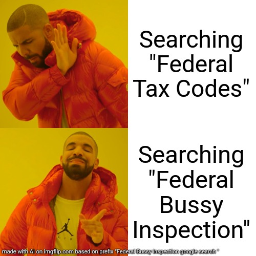 Relatable | Searching "Federal Tax Codes"; Searching "Federal Bussy Inspection" | image tagged in memes,drake hotline bling | made w/ Imgflip meme maker